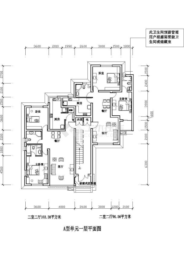 保定市姿兰花园小区95+103平米住宅楼标准层平面设计CAD图纸（1梯2户）-图一