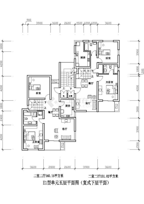 石家庄市某居住区140+131平米住宅楼标准层平面设计CAD图纸（1梯2户）-图一
