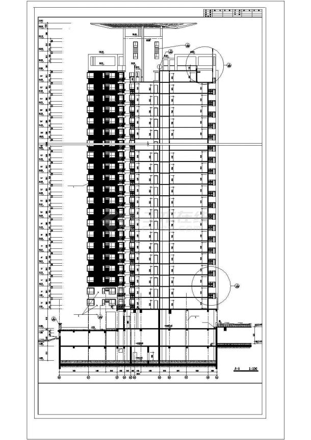 大连市某小区33层剪力墙结构住宅楼立剖面设计CAD图纸（含机房水箱层）-图一