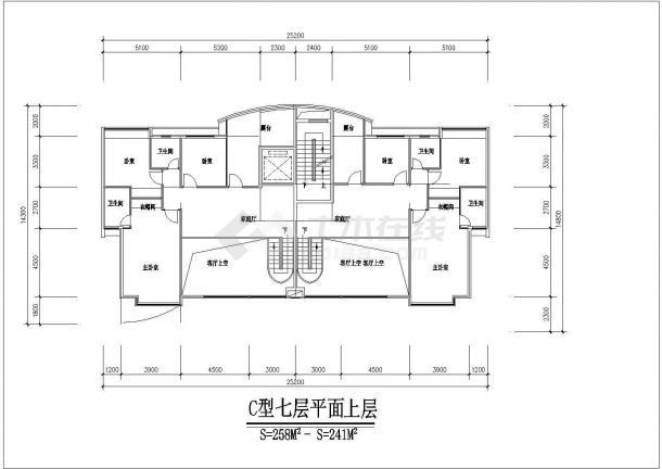 西安市未来城小区7层砖混结构住宅楼平面设计CAD图纸（1梯2户）-图一