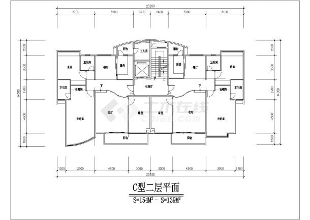 西安市未来城小区7层砖混结构住宅楼平面设计CAD图纸（1梯2户）-图二