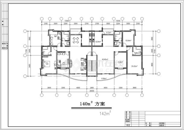 上海某小区1梯2户型标准层平面设计CAD图纸（每户145平左右/三套方案）-图一