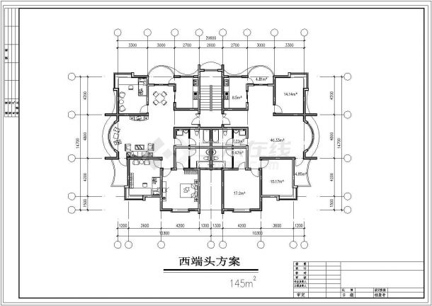 上海某小区1梯2户型标准层平面设计CAD图纸（每户145平左右/三套方案）-图二