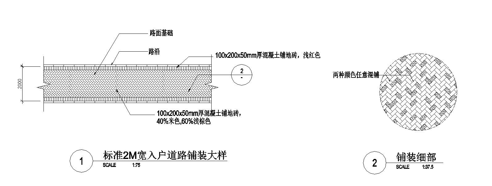 标准2M宽入户道路铺装大样图