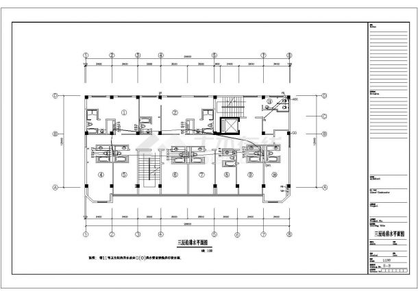 某酒店室内装饰工程设计3层给排水CAD完整详细平面图-图一