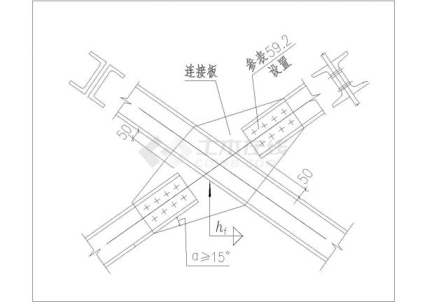 某支撑斜杆件为双槽钢组合截面与单节点板的连接节点构造CAD详图-图一