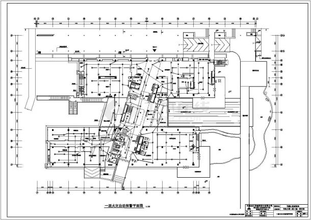某长126米 宽74.4米 四层市图书馆火灾消防自动报警CAD电气设计构造平面图-图一