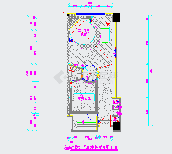 某桑拿施工图二层201房中房CAD构造节点设计插座图-图一