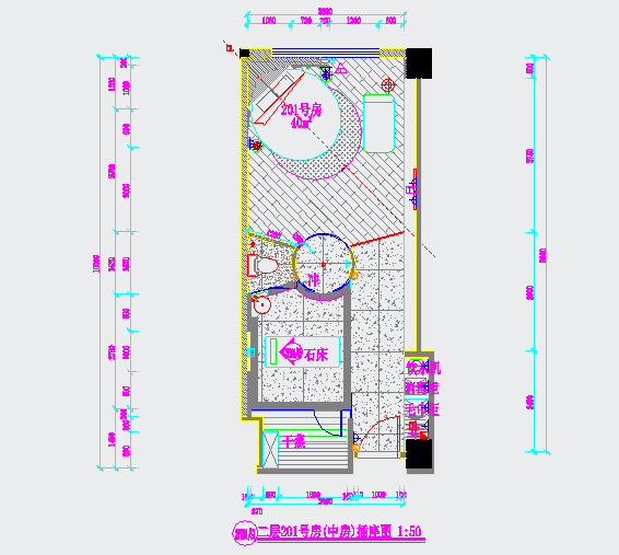 某桑拿施工图二层201房中房CAD构造节点设计插座图