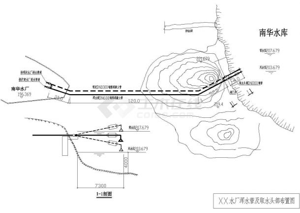 江西某水厂扩建设计图纸浑水管CAD平面图-图一