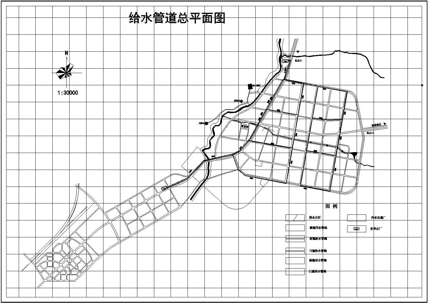 某县城给水管道系统总平面图（cad图纸，可编辑修改）