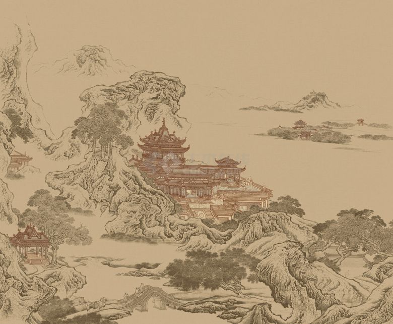 中式楼阁山水壁纸壁画 (58).jpg-图一