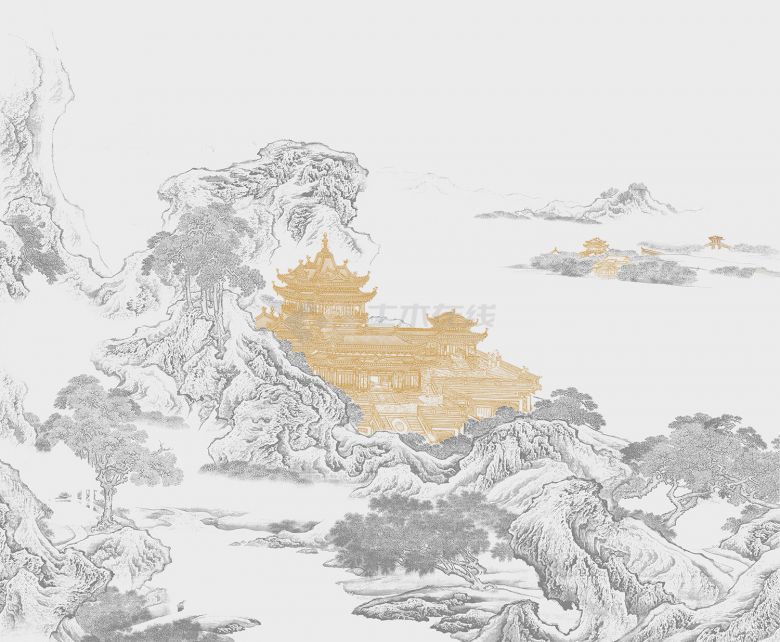 中式楼阁山水壁纸壁画 (41).jpg-图一