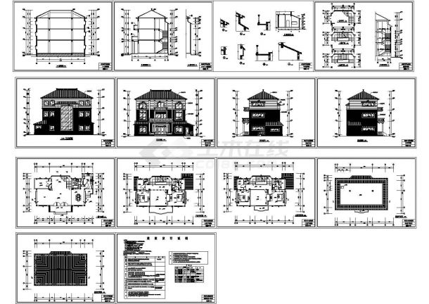 江南小区三层别墅建筑设计方案cad图纸，共14张-图一