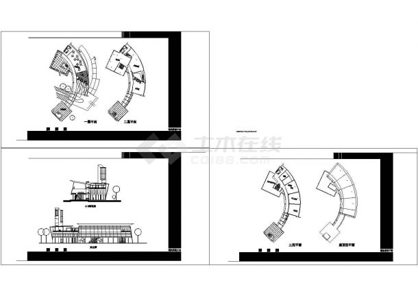 3层生态湖滨茶馆建筑方案设计施工cad图，共三张-图一