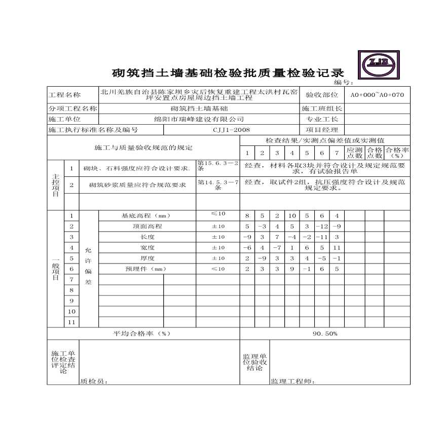 北川瓦窑坪安置点挡土墙工程A段基础检验批质量检验记录-图一