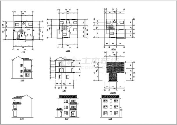 图元平安农村三层住宅设计方案cad图纸，共9张-图一
