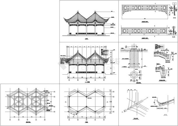 宋式做法木结构六角连亭建筑结构施工图-图一