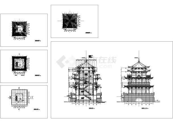 3层云峰烟水阁建筑设计cad图（ 长13.5米 宽13.5米）-图一