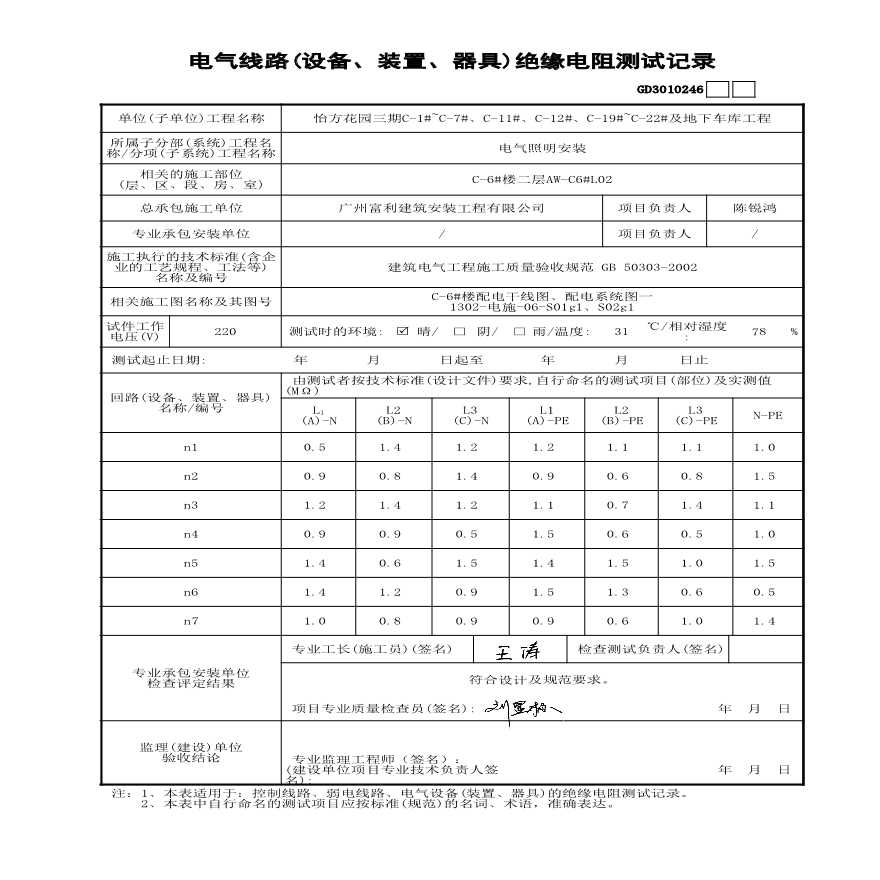 C-6#楼---电气线路绝缘电阻测试记录-图一