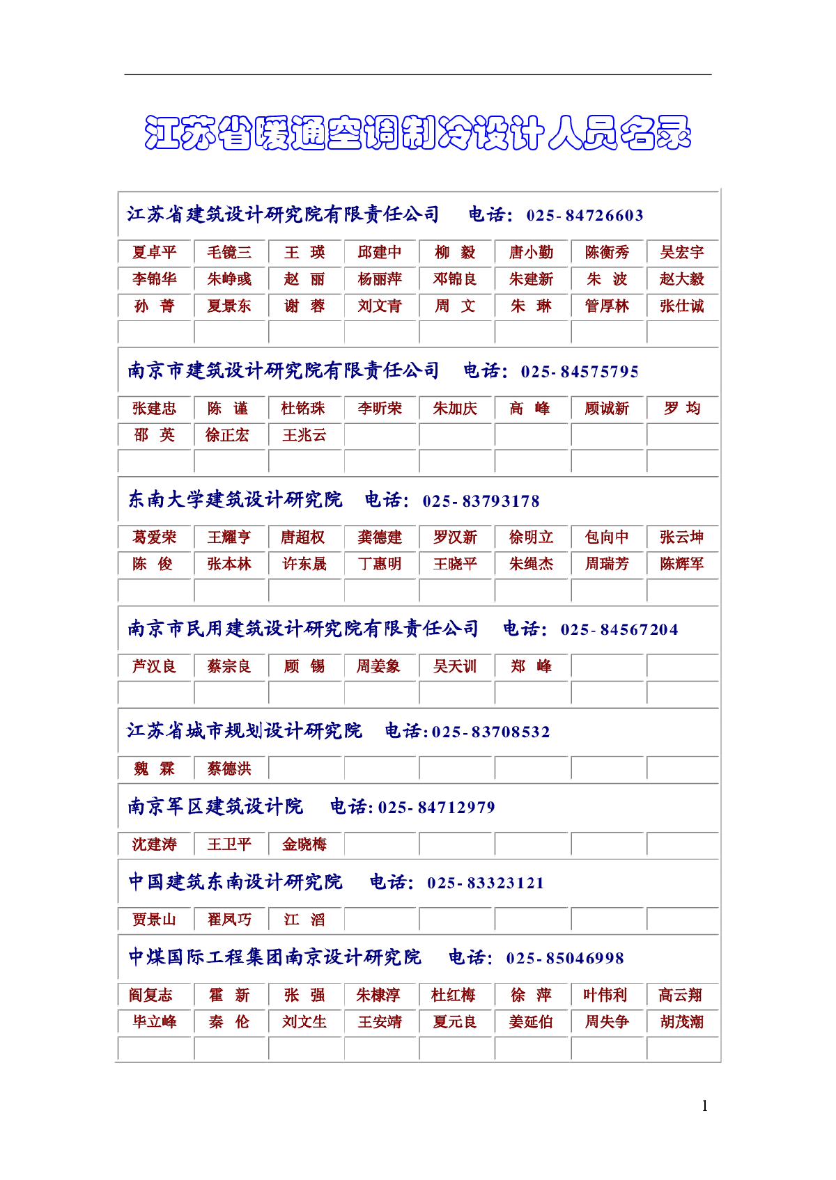 江苏省暖通空调制冷设计人员名录