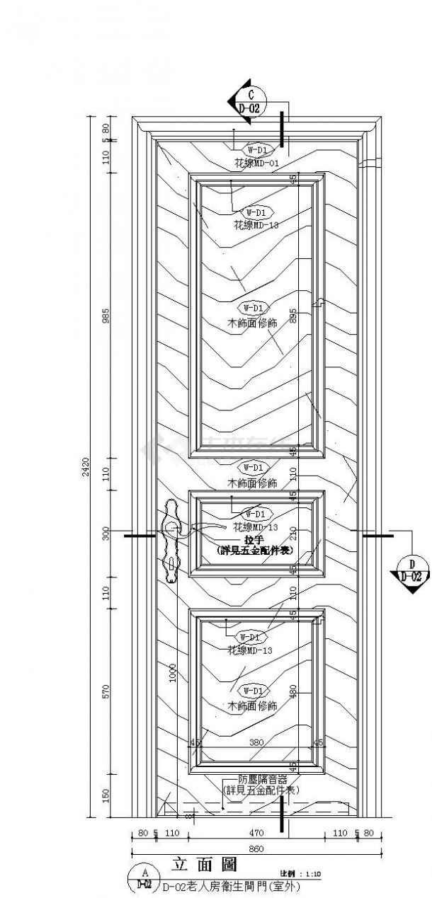 某城市高层楼老人房卫生间门结构布置CAD参考详图-图一