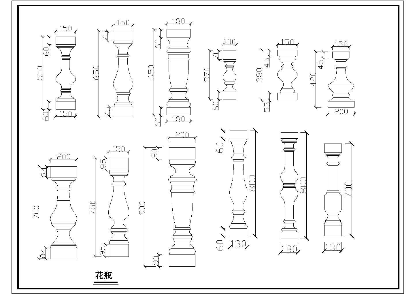 某花瓶线条及罗马柱造型CAD设计完整大样图