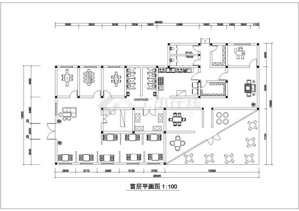 某长26米 宽15.5米 单屋茶室CAD建筑设计方案首层平面图-图一