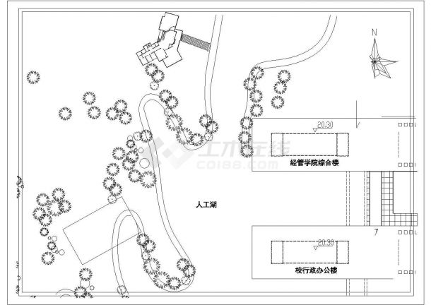 某长约30米 宽约15米 二层不规则中小型茶室建筑CAD设计方案地理位置总平面图-图一