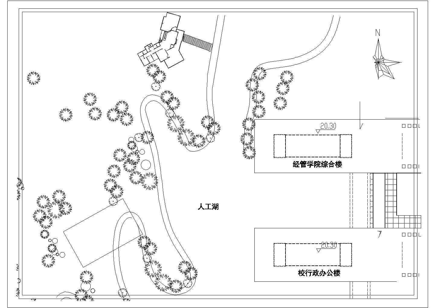 某长约30米 宽约15米 二层不规则中小型茶室建筑CAD设计方案地理位置总平面图