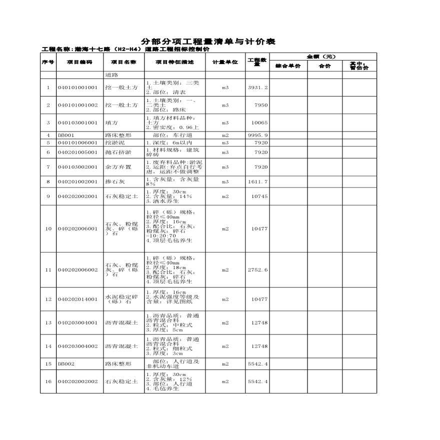 渤海十七路（H2-H4）道路工程招标控制价工程量清单-图二