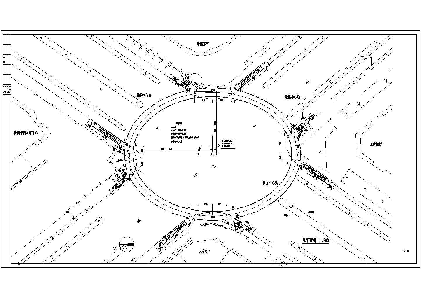 某十字路口圆型人行天桥CAD设计完整总平面图