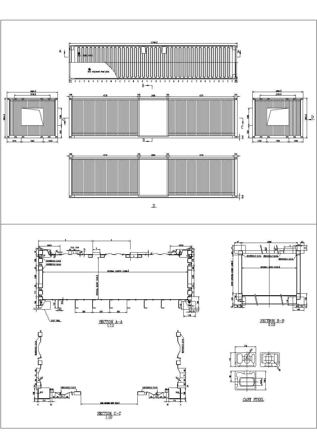 某12米长集装箱房建筑设计cad施工图纸