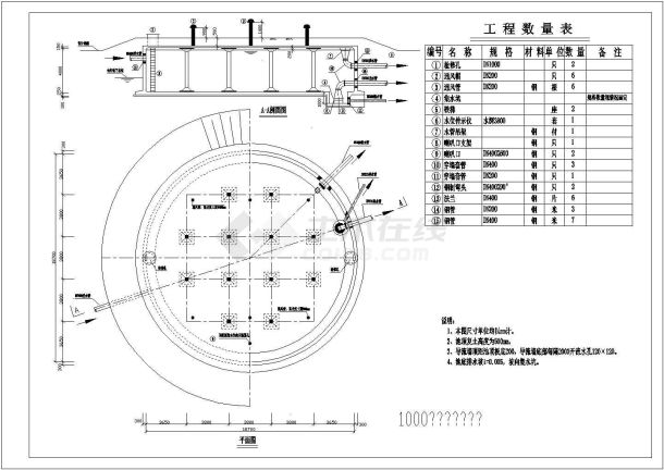 1000立方圆形清水池标准设计CAD图纸（含工程数量表）-图一