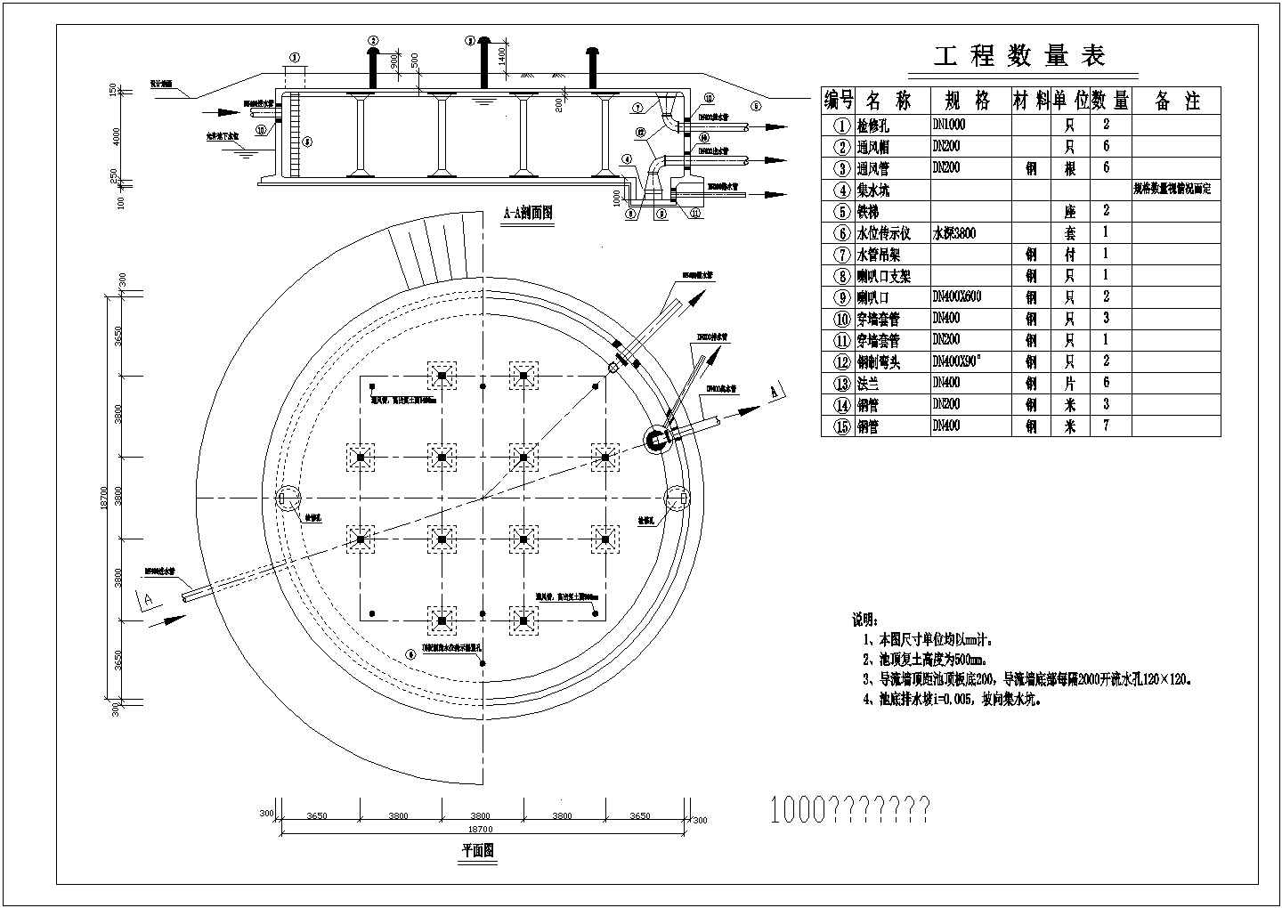 1000立方圆形清水池标准设计CAD图纸（含工程数量表）