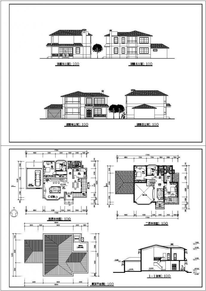 二层现代风格住宅建筑施工cad图(带效果图，共八张)_图1