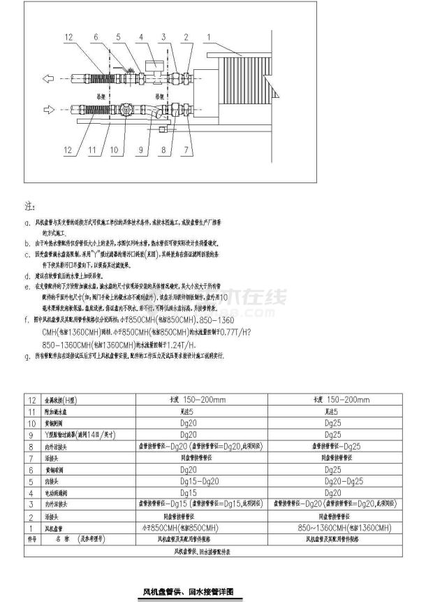 风机盘管接管平立剖面CAD布置图-图一