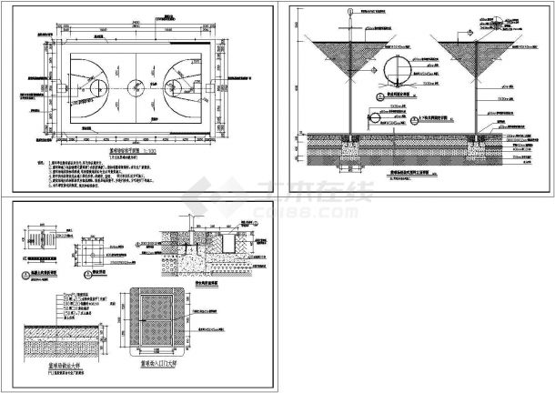 某标准篮球场cad施工图(含详细的防护网及排水沟做法)
