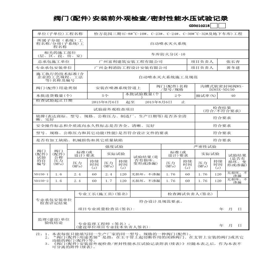 1 阀门(配件)安装前外观检查密封性能水压试验记录-图二