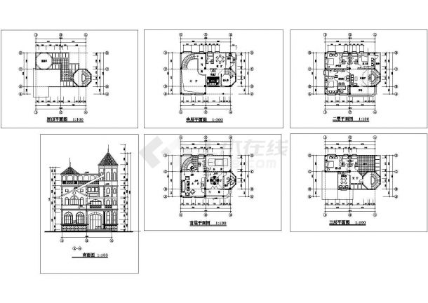 沈阳市某3层古堡式高档别墅建筑设计CAD施工图（带夹层）-图一