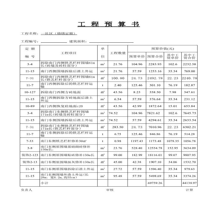 社区工程预算书（共21页）-图一