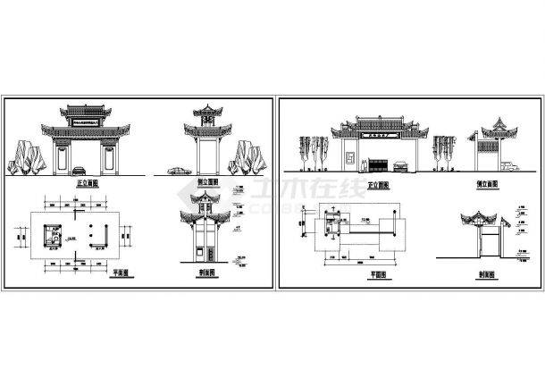 古建筑玉峰山森林公园南大门设计CAD施工图纸-图一