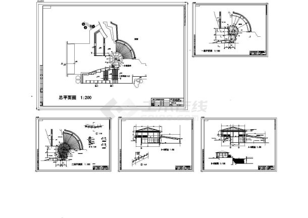 黄石市中央广场茶室单体建筑设计施工cad图，共五张-图一