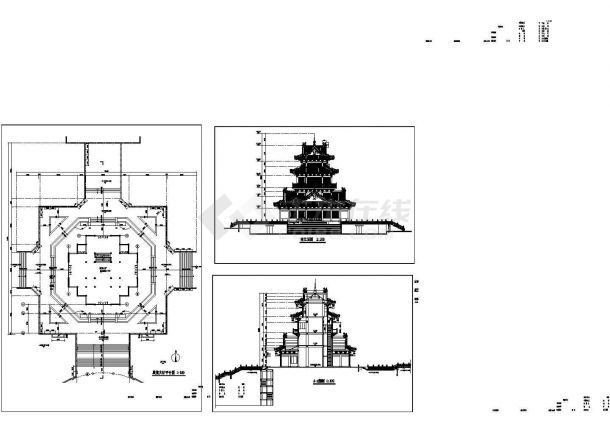 某带有展览大厅的望海楼建筑设计CAD施工图纸-图一