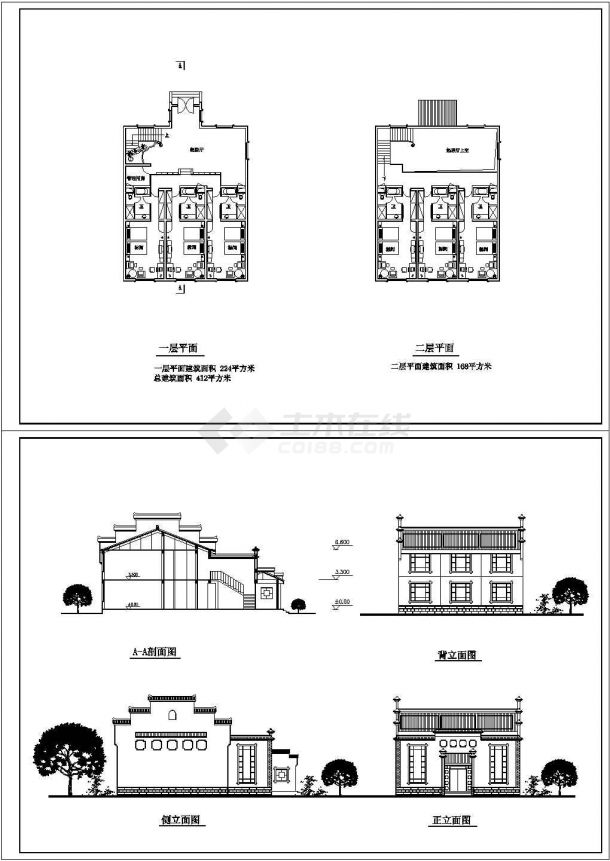 新徽派园林酒店单元建筑设计CAD施工图纸-图二