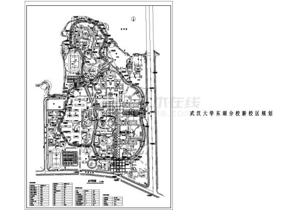 武汉大学东湖分校新校区（总用地面积100公顷，总建筑面积470000平方米）规划设计cad施工总平面图（含经济技术指标）-图一