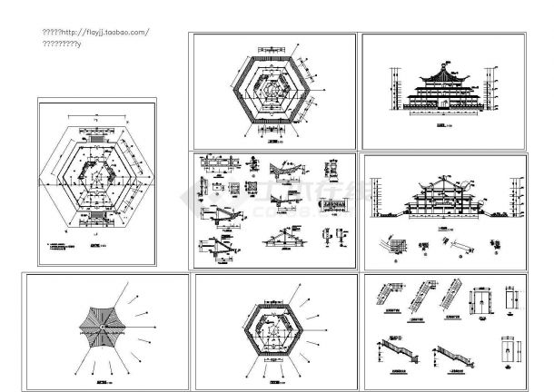 长56米 宽56米 三层（六个角）古建筑设计图 含大样详图-图一