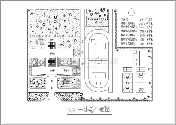 某小学（总面积1.9万平方米）规划设计cad施工总平面布置图（标注详细）-图一