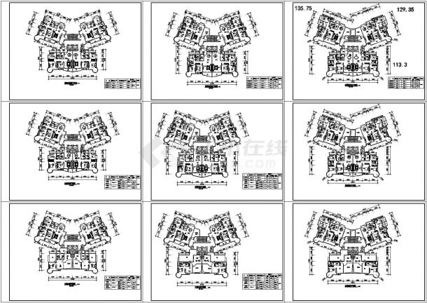 河南某小区高层户型建筑设计CAD方案图，共九张-图一