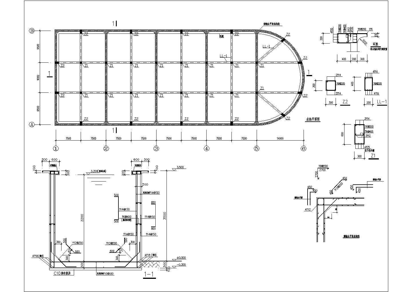 水池详细结构设计cad施工图